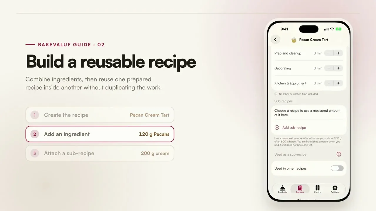 BakeValue guide showing how to create a recipe, add an ingredient, and attach a reusable sub-recipe.