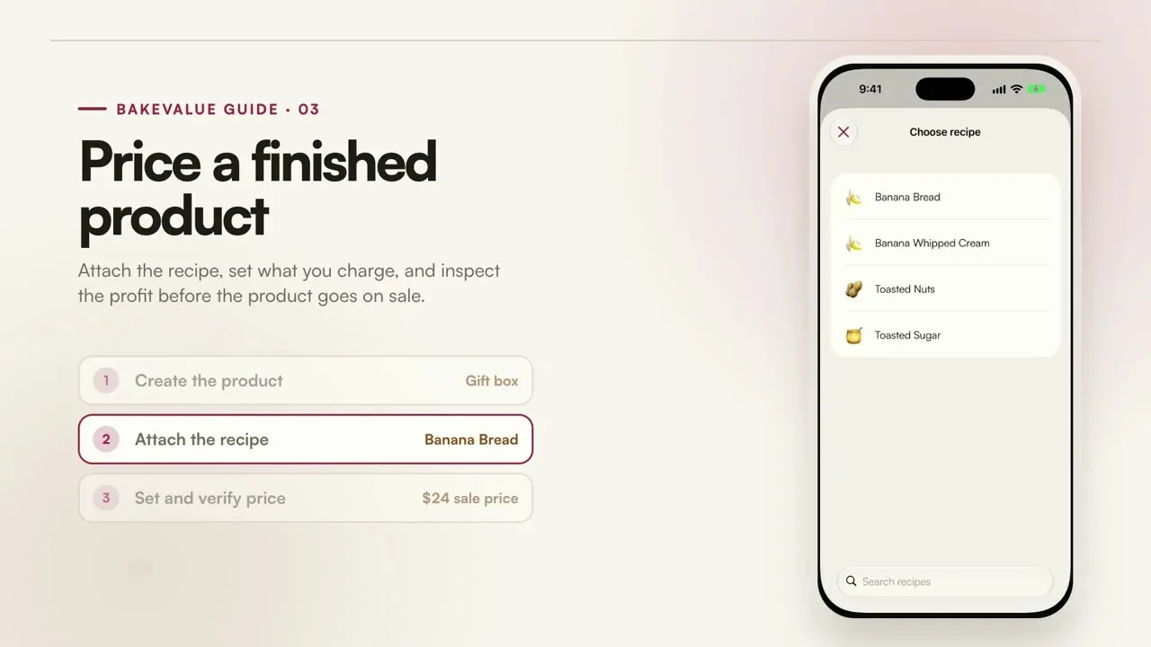 BakeValue guide showing how to create a product, attach its recipe, and verify the sale price.