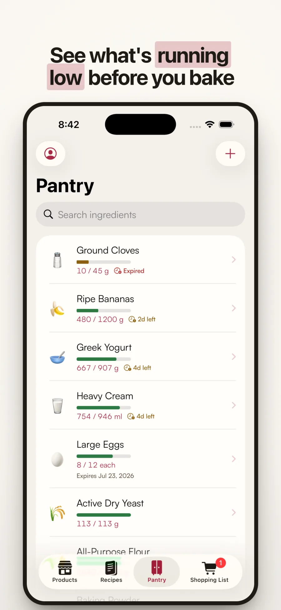 BakeValue pantry showing ingredient stock, quantities, expiration dates, and low-stock status before a bake.