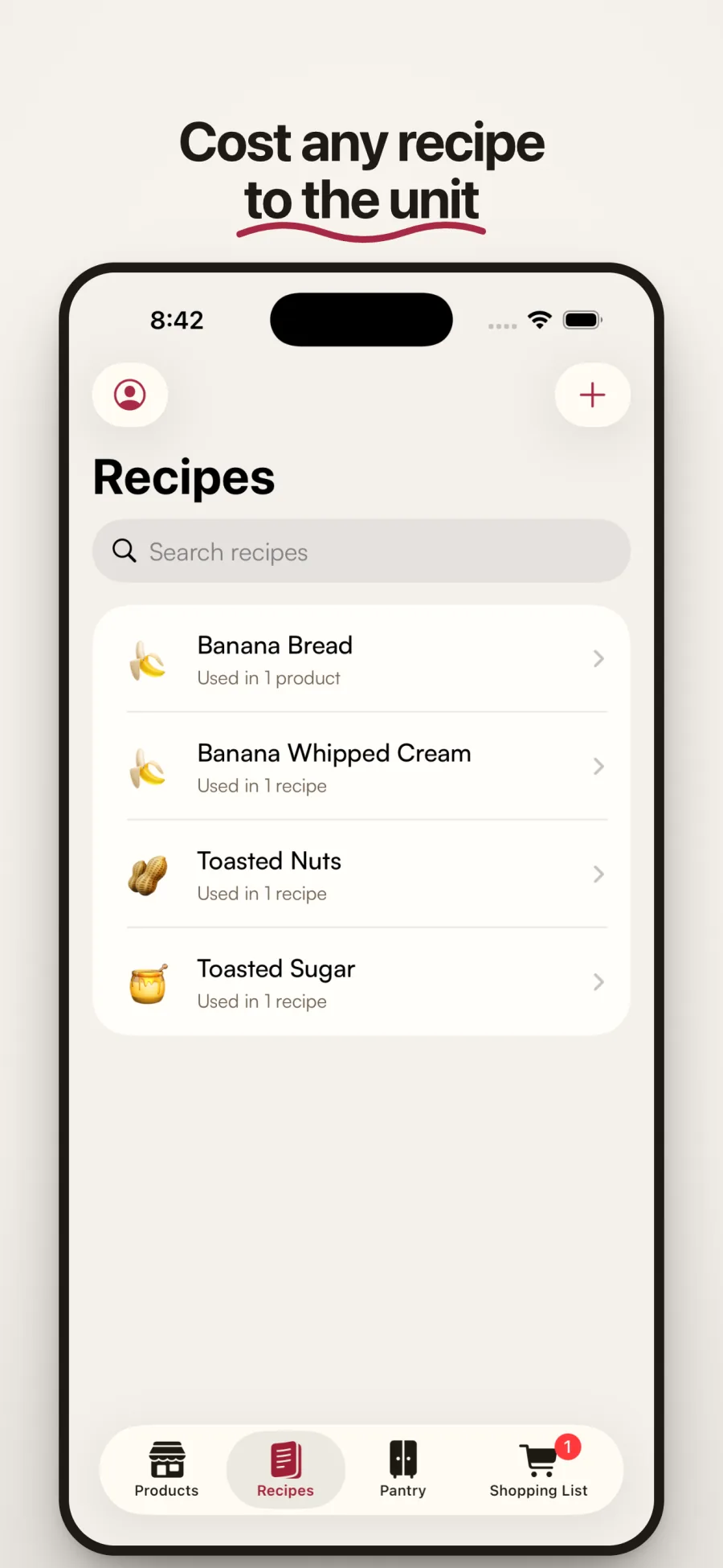 BakeValue recipes showing banana bread and reusable components including whipped cream, toasted nuts, and toasted sugar.