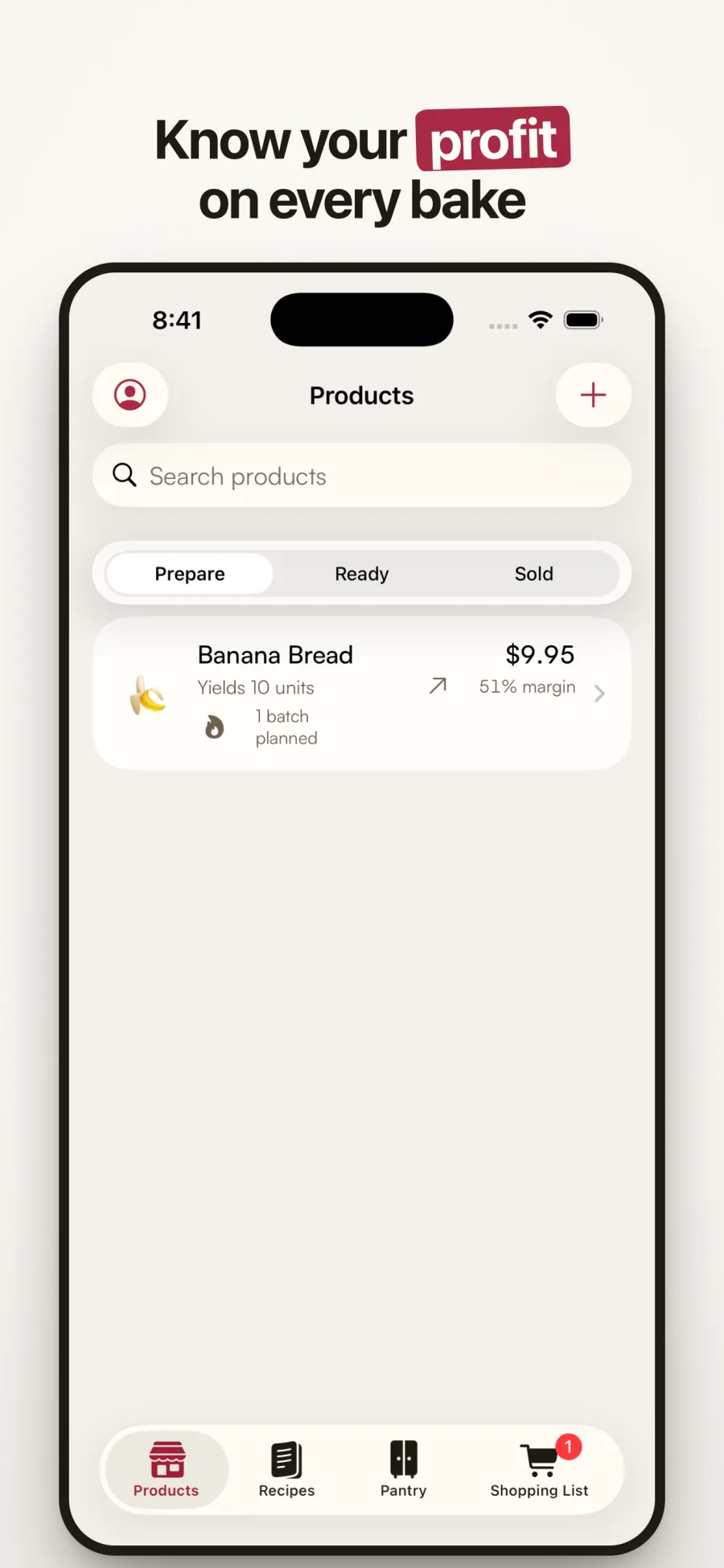 BakeValue products showing banana bread priced at $9.95 with a 51 percent margin and one scheduled batch.