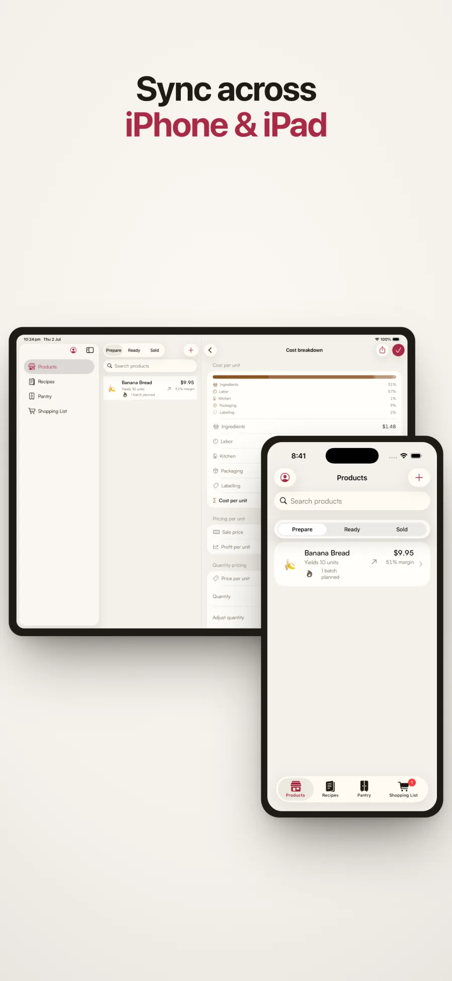 BakeValue product and cost breakdown synchronized privately across iPhone and iPad.