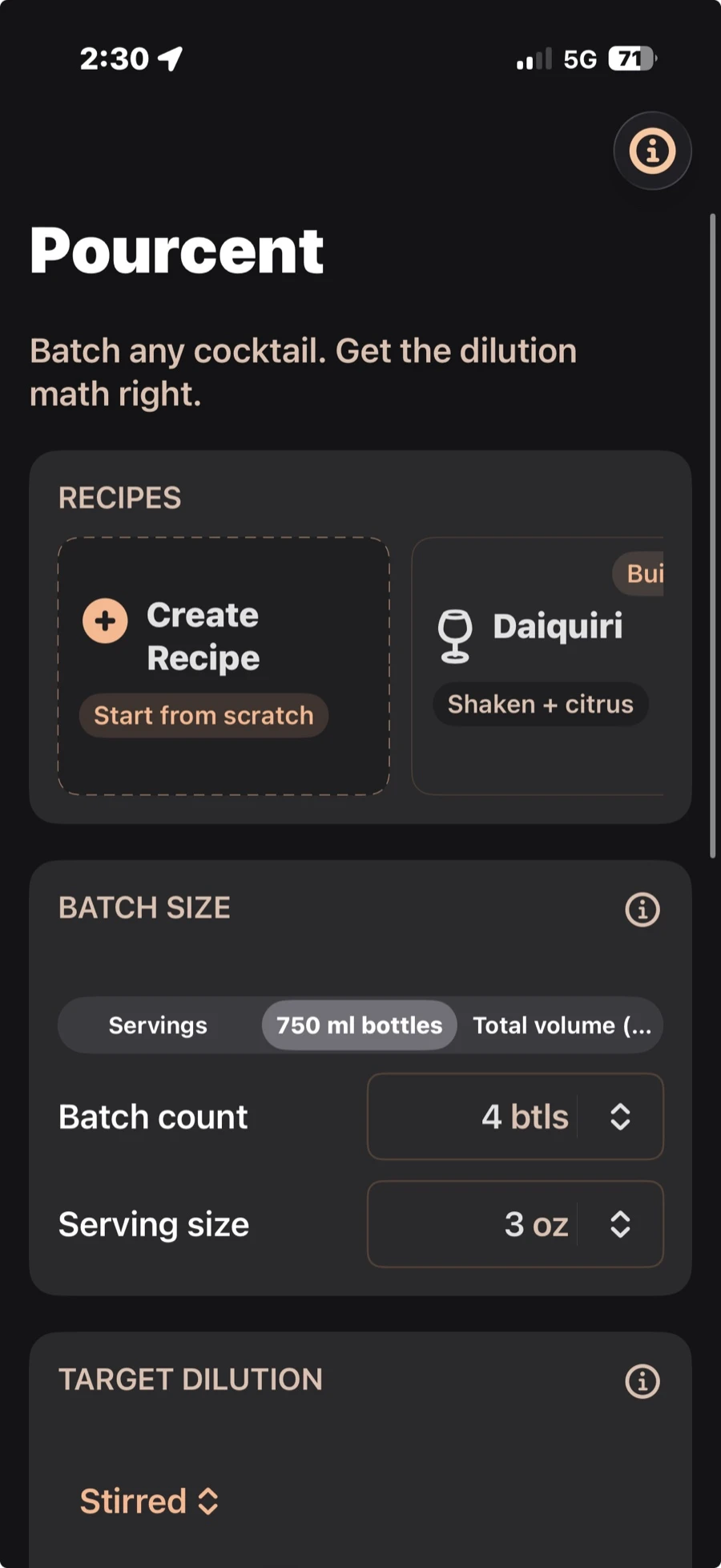 Pourcent batch screen: a Daiquiri recipe selected, batch size set to 4 bottles of 750 ml at a 3 oz serving, and a stirred target-dilution control.