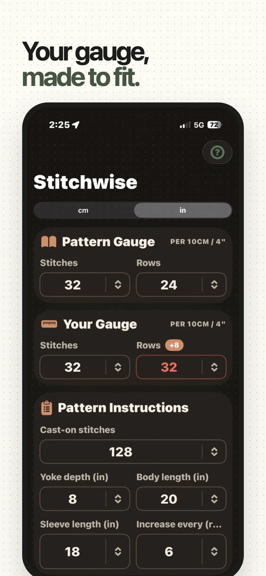 Stitchwise in dark mode showing pattern and swatch gauges plus sweater measurements.