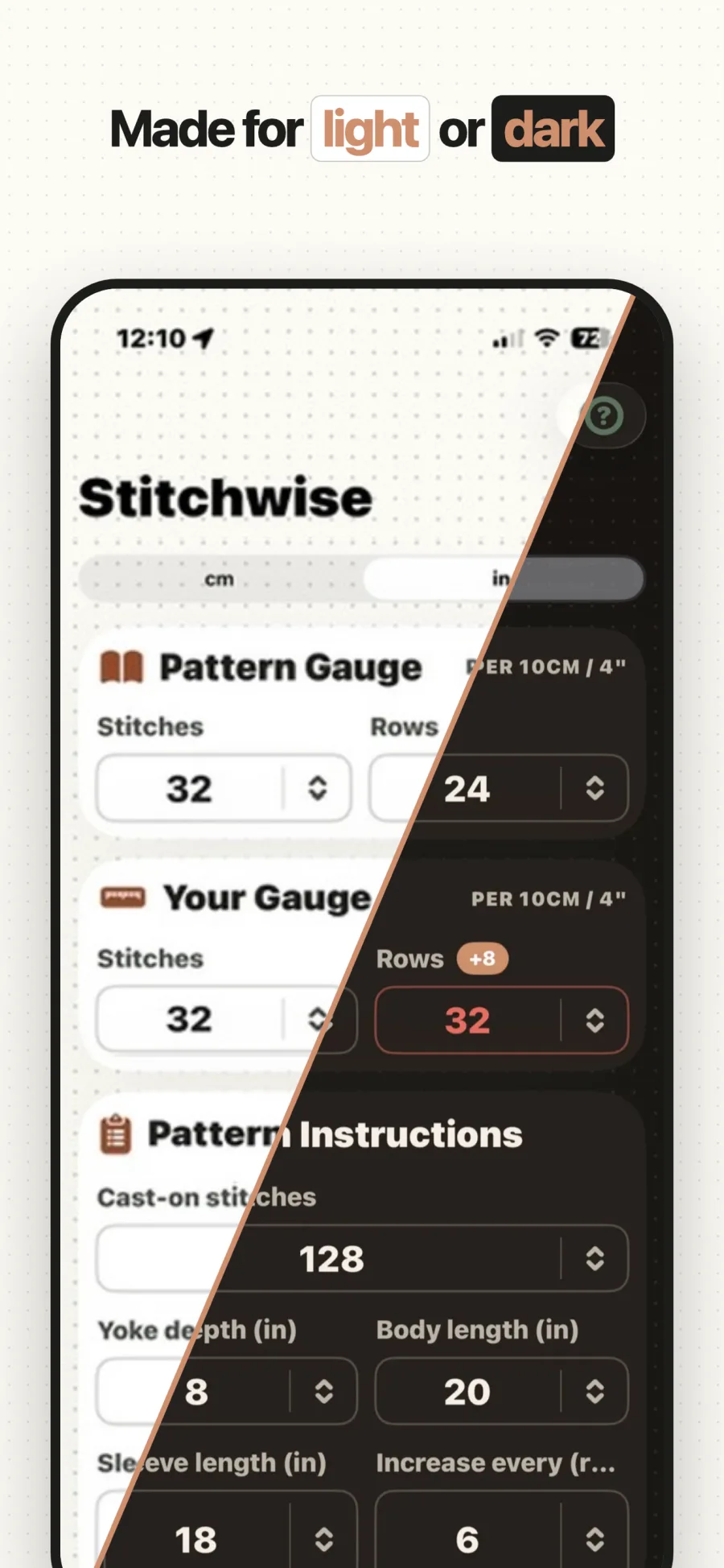 Stitchwise gauge inputs shown side by side in light and dark appearance.