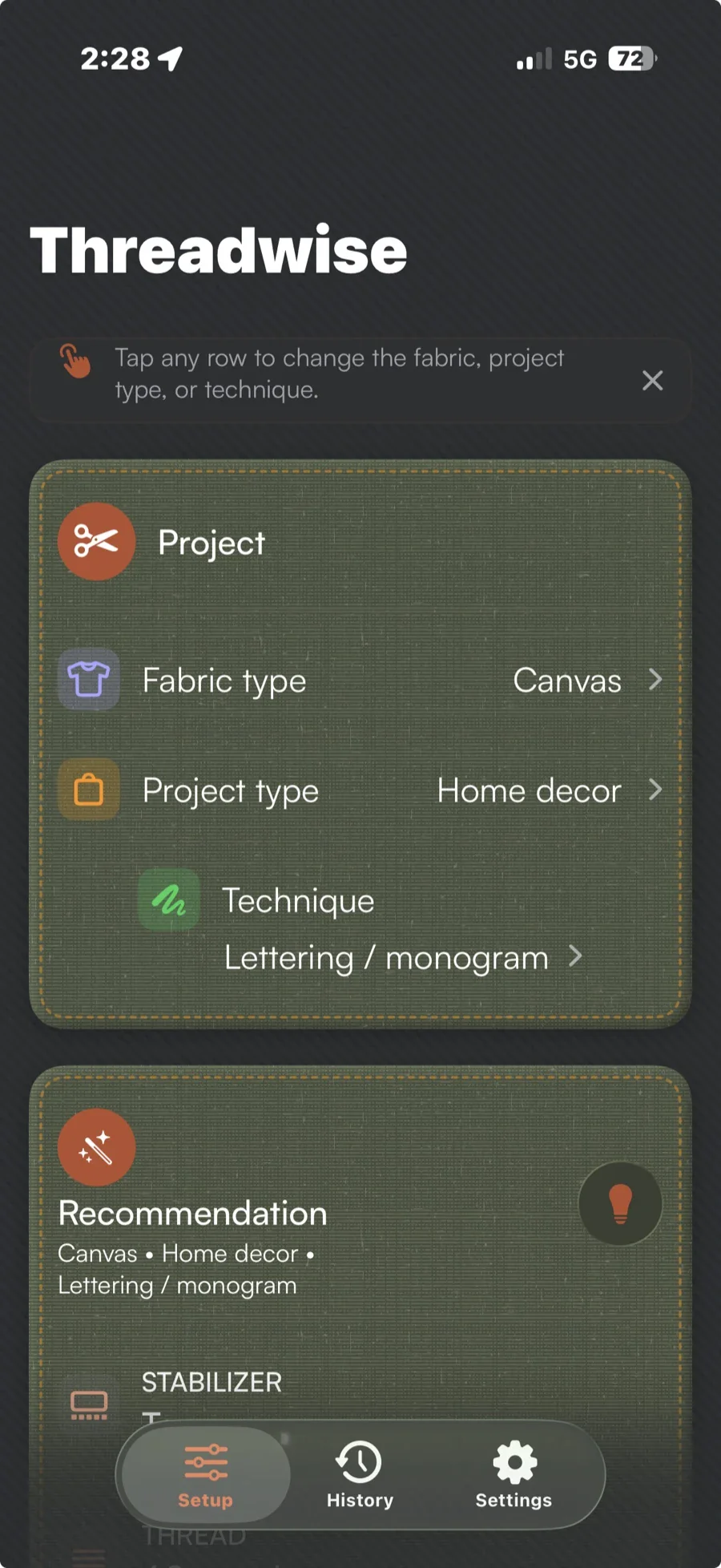 Threadwise setup screen showing Canvas fabric, a Home decor project, Lettering or monogram technique, and the start of a recommended setup.
